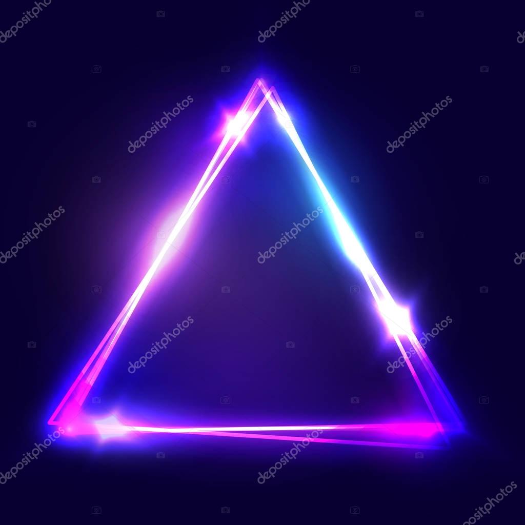Neon sign. Triangle background. Glowing electric abstract frame on dark backdrop. Light banner with glow. Bright vector illustration with flares and sparkles