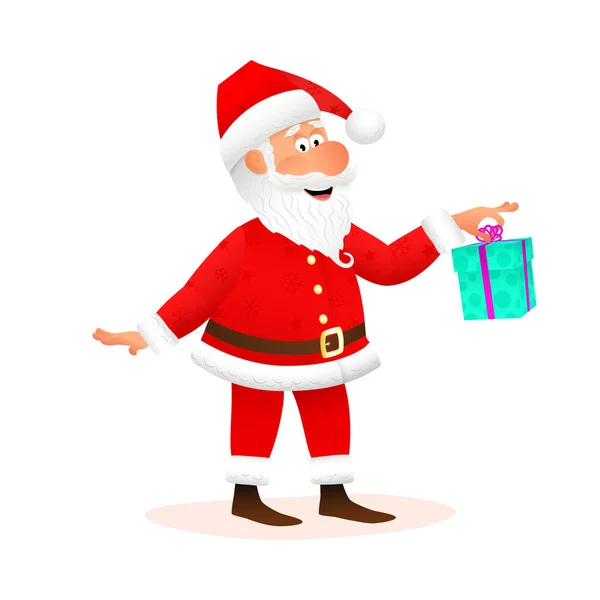 Santa Claus carácter plano aislado sobre fondo blanco. De pie viejo divertido es la celebración de regalo de Navidad con cinta y sonriendo. Navidad y Año Nuevo ilustración vector de dibujos animados . — Vector de stock