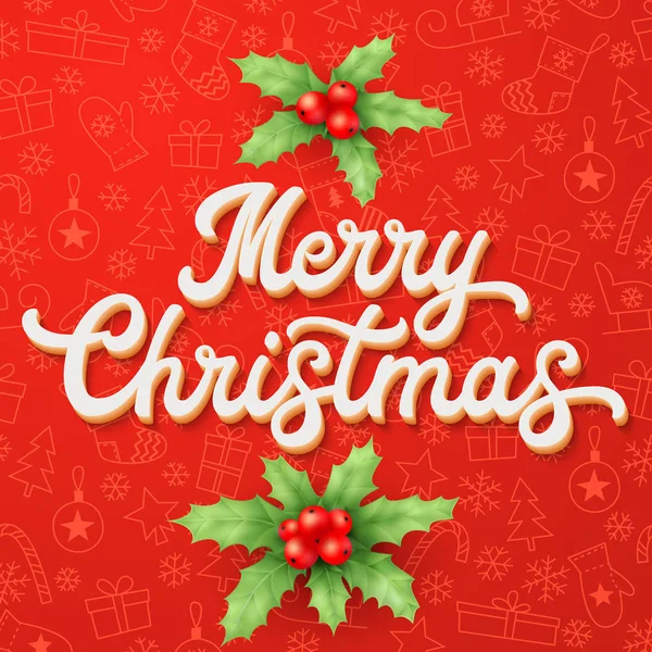 Letras blancas de Navidad en 3D sobre fondo rojo de Navidad con trineos, árboles, bolas, regalos. Decoración para las estaciones diseño de tarjetas de felicitación con ramas de baya de acebo. Ilustración del vector fuente . — Vector de stock