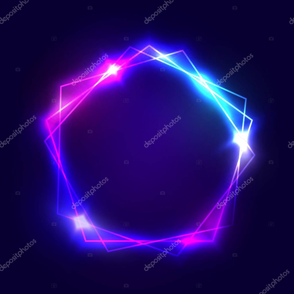 Neon sign. Pentagon background with blank space for your text. Glowing electric abstract frame on dark backdrop. Light banner with glow. Bright vector illustration with flares and sparkles.