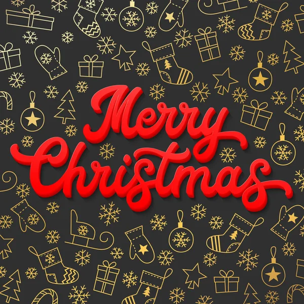Feliz Navidad. Inscripción de letras rojas de Navidad 3d sobre fondo de Navidad negro y dorado con trineos, árboles, bolas, regalos. Decoración para las estaciones diseño de tarjetas de felicitación. Ilustración del vector fuente . — Vector de stock