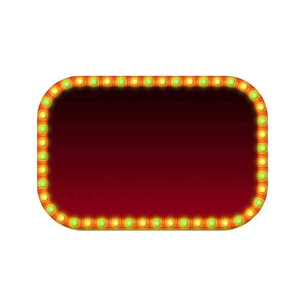 Порожній 3d прямокутний ретро-світловий банер з сяючими вогнями. Червоний знак з зеленими і жовтими лампочками і порожнім місцем для тексту. Вінтажна вулична вивіска. Рекламна рамка. Барвисті Векторні ілюстрації . — стоковий вектор