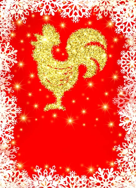 Coq chantant aux paillettes dorées avec étincelles et étoiles sur fond rouge de Noël avec flocons de neige et espace vide pour le texte. Symbole chinois pour le Nouvel An 2017. Illustration vectorielle Tinsel . — Image vectorielle