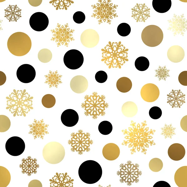 Pola Natal mulus. Xmas atau kertas dinding Tahun Baru dengan lingkaran hitam dan emas, kepingan salju di latar belakang putih. Desain musim liburan yang kreatif. Ilustrasi vektor terang. EPS 10 - Stok Vektor