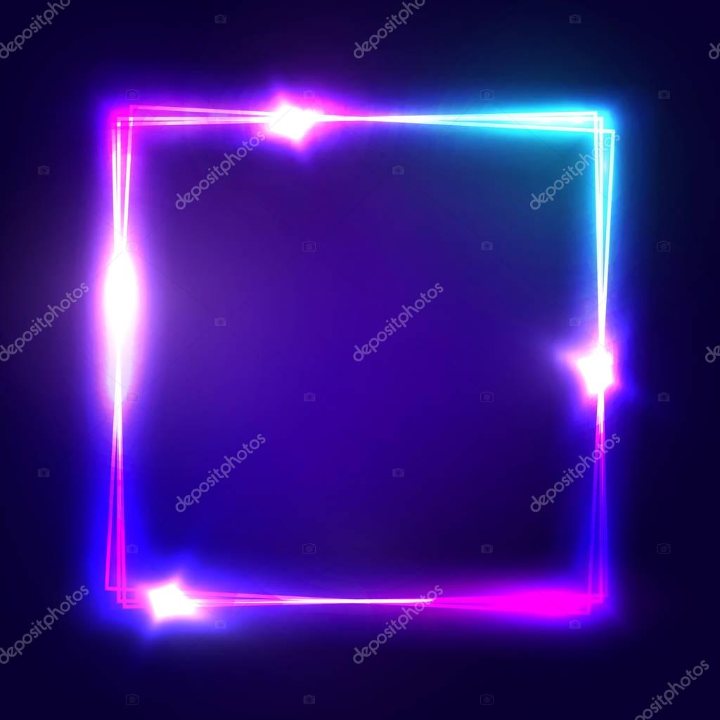 Neon sign. Square frame with glowing and light. Electric bright 3d rectangle banner design on dark blue backdrop. Neon abstract background with flares and sparkles. Vintage vector illustration.