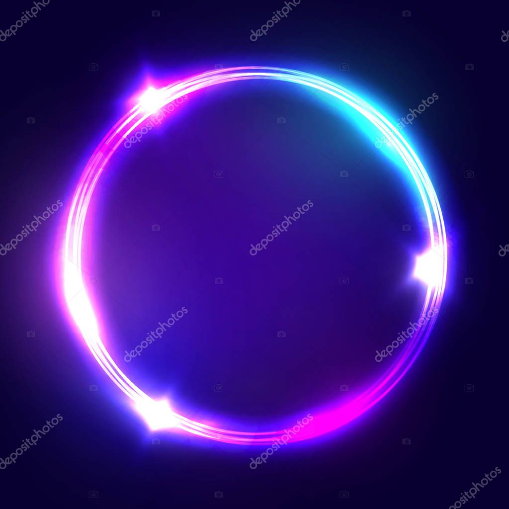Neon sign. Round frame with glowing and light. Electric bright 3d circuit banner design on dark blue backdrop. Neon abstract circle background with flares and sparkles. Vintage vector illustration.