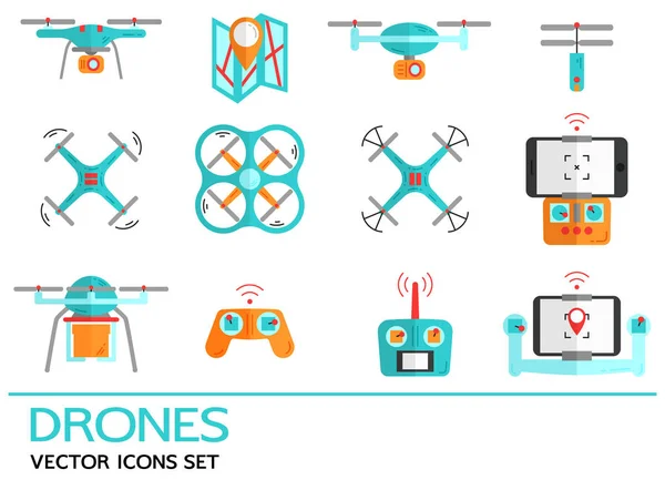 Ikony płaskie wektor zestaw z dronów. Kolekcja elementów z drona, Hexakoptera, multicoptera, wykonane w stylu płaski. — Wektor stockowy