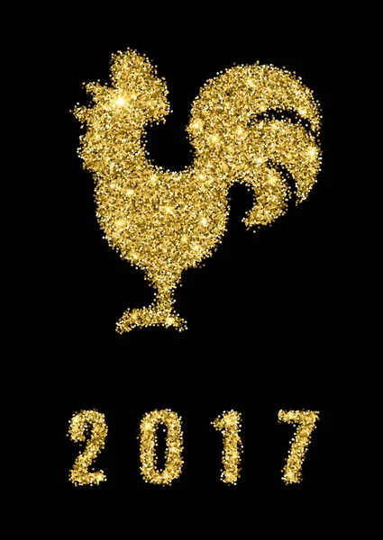 Gallo de brillo dorado con destellos sobre fondo negro. Símbolo chino para el año 2017. Silueta de gallo con números confeti brillo oro 2017 . — Vector de stock