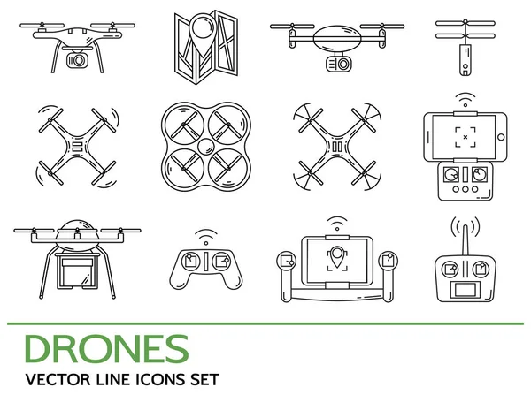 Modern thin line set with drones. Icons collection with quadrocopter, hexacopter, multicopter made in line style. — Stock Vector