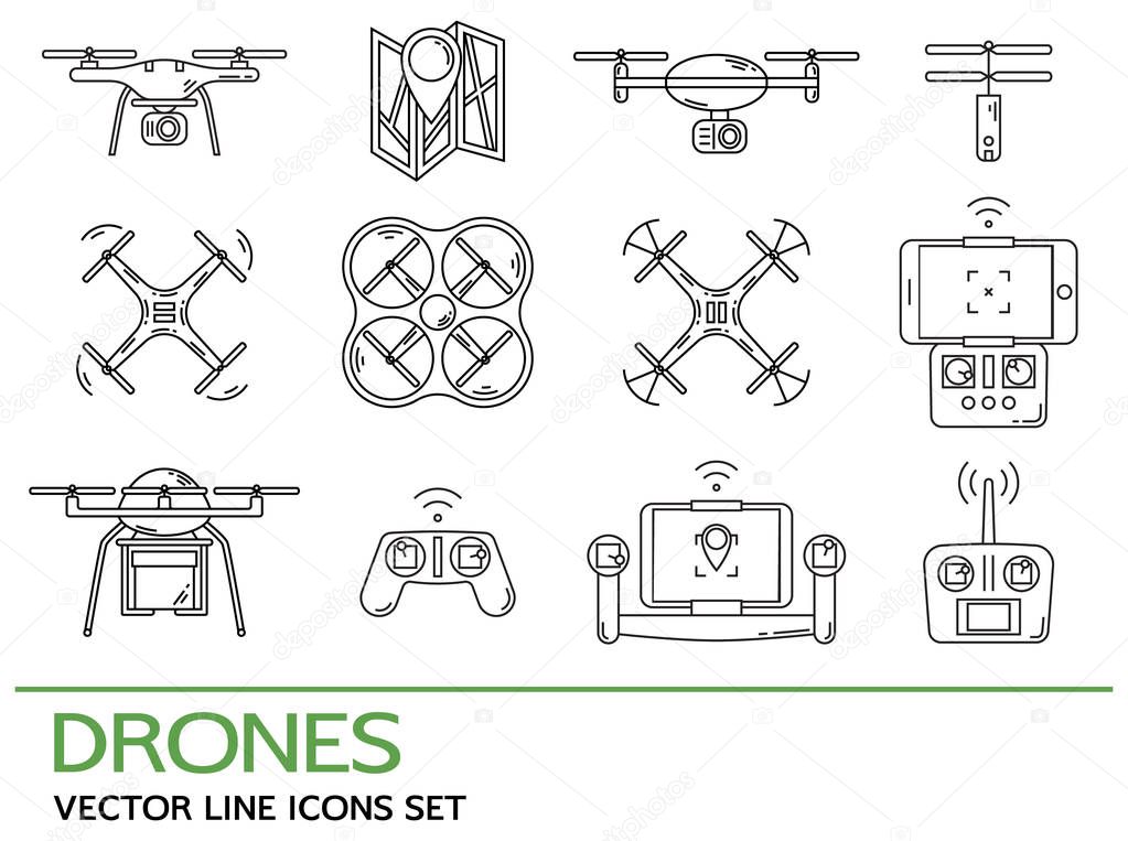 Modern thin line set with drones. Icons collection with quadrocopter, hexacopter, multicopter made in line style. Aerial vehicles for photography, delivery, monitoring purposes. Vector illustration.