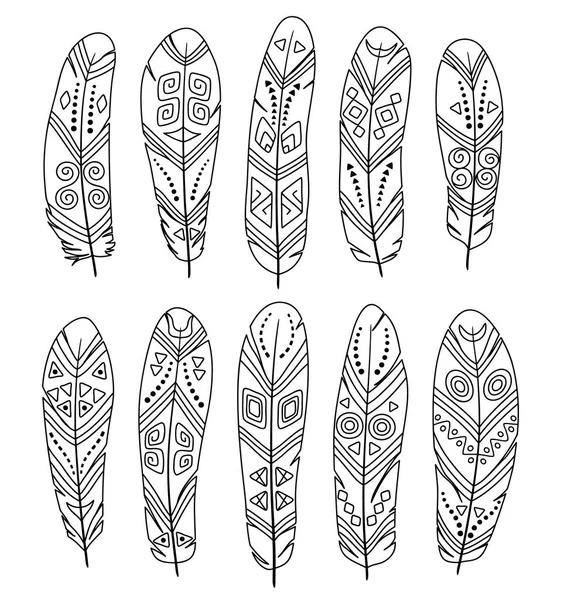 Hand drawn ethnic feathers set isolated on white background. Collection of tribal elements. Template for coloring book. — Stock Vector