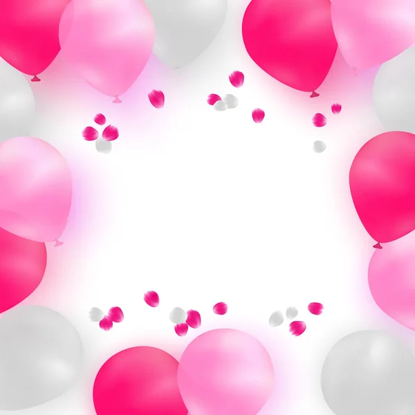 Grußkarten-Vorlage für Hochzeit, Geburtstag, Muttertag. weiße und rosa Luftballons auf weißem Hintergrund mit Rosenblättern. — Stockvektor