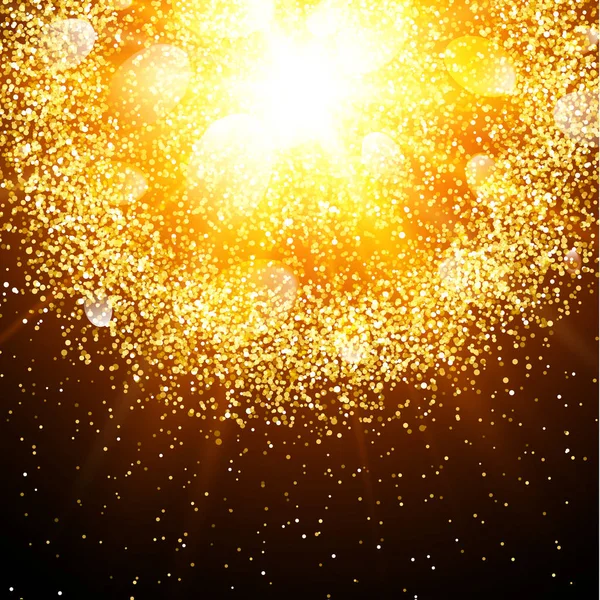 Abstract golden explosion with gold glittering elements. Burst of glowing star. Dust firework light effect. Sparkles splash powder background. Vector illustration. — Stock Vector