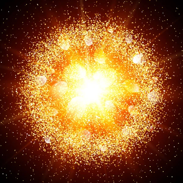 Esplosione astratta con elementi luccicanti d'oro. Scoppio di stella splendente. Effetto luce fuochi d'artificio polvere con bagliore rosso. Sparkles spruzzi di polvere di sfondo. Illustrazione vettoriale . — Vettoriale Stock