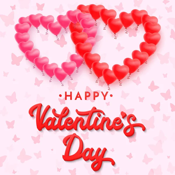 Letras rojas 3d Feliz día de San Valentín sobre fondo rosa con mariposas y globos en forma de corazón. Celebrando tarjeta de felicitación o banner con texto escrito a mano. Ilustración del vector fuente . — Archivo Imágenes Vectoriales