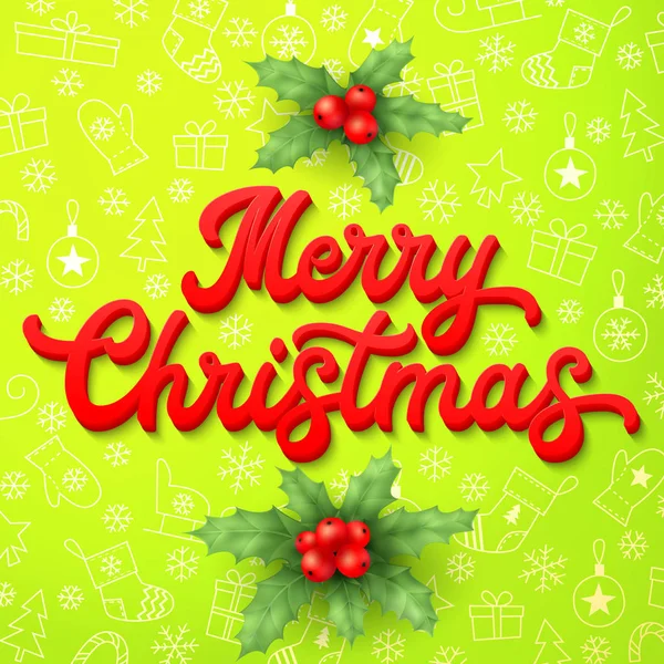 Inscripción de letras 3D de Navidad y acebo sobre fondo verde de Navidad con trineos, árboles, bolas, regalos. Decoración de Navidad para las temporadas diseño de tarjetas de felicitación. Ilustración del vector fuente . — Vector de stock