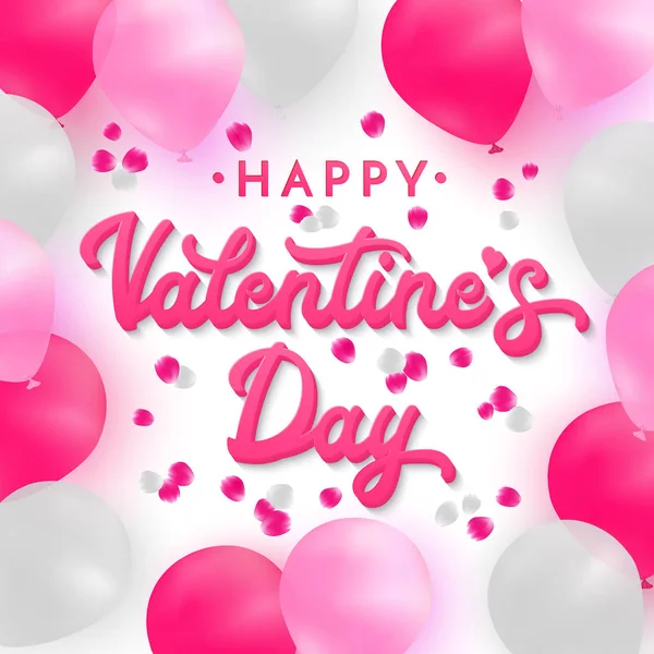 Tarjeta del día de San Valentín con texto de letras de la mano de color rosa 3d sobre fondo romántico con globos realistas de color blanco, rosa y rosa profundo en el fondo con pétalos de rosa. Ilustración del vector fuente . — Vector de stock