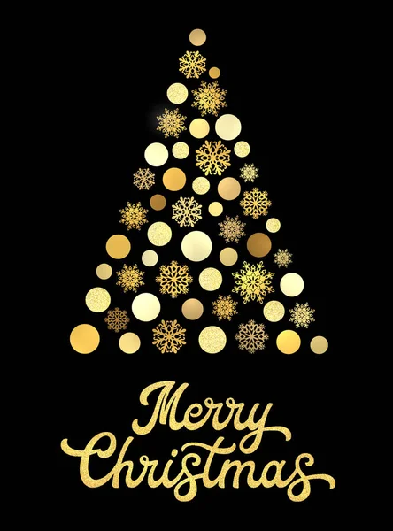 Árbol de Navidad aislado sobre fondo negro con un diseño de letras de mano de textura brillante dorado. Elegante tarjeta de Navidad con círculos dorados y copos de nieve. Seasons saludos vector fuente ilustración . — Vector de stock
