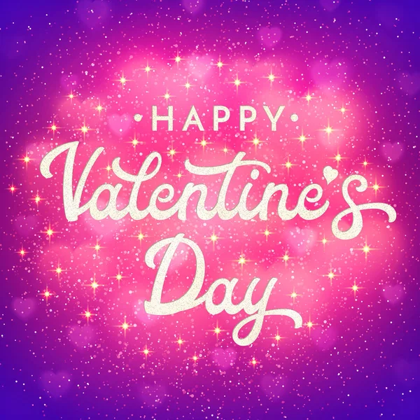 Valentines Day card or banner with shiny bokeh blurred hearts, glitter texture confetti and sparkles. Romantic poster with hand lettering text on pink and purple backdrop. Font vector illustration. — Stock Vector