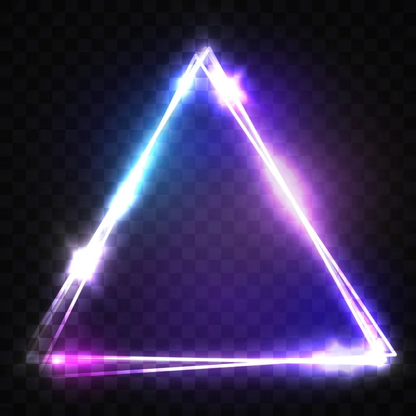 Glödande triangeln på Transparent bakgrund. Elektriska tecken. Genomskinlig ljus Neon ram för din Design. Ljusa vektorillustration. — Stock vektor