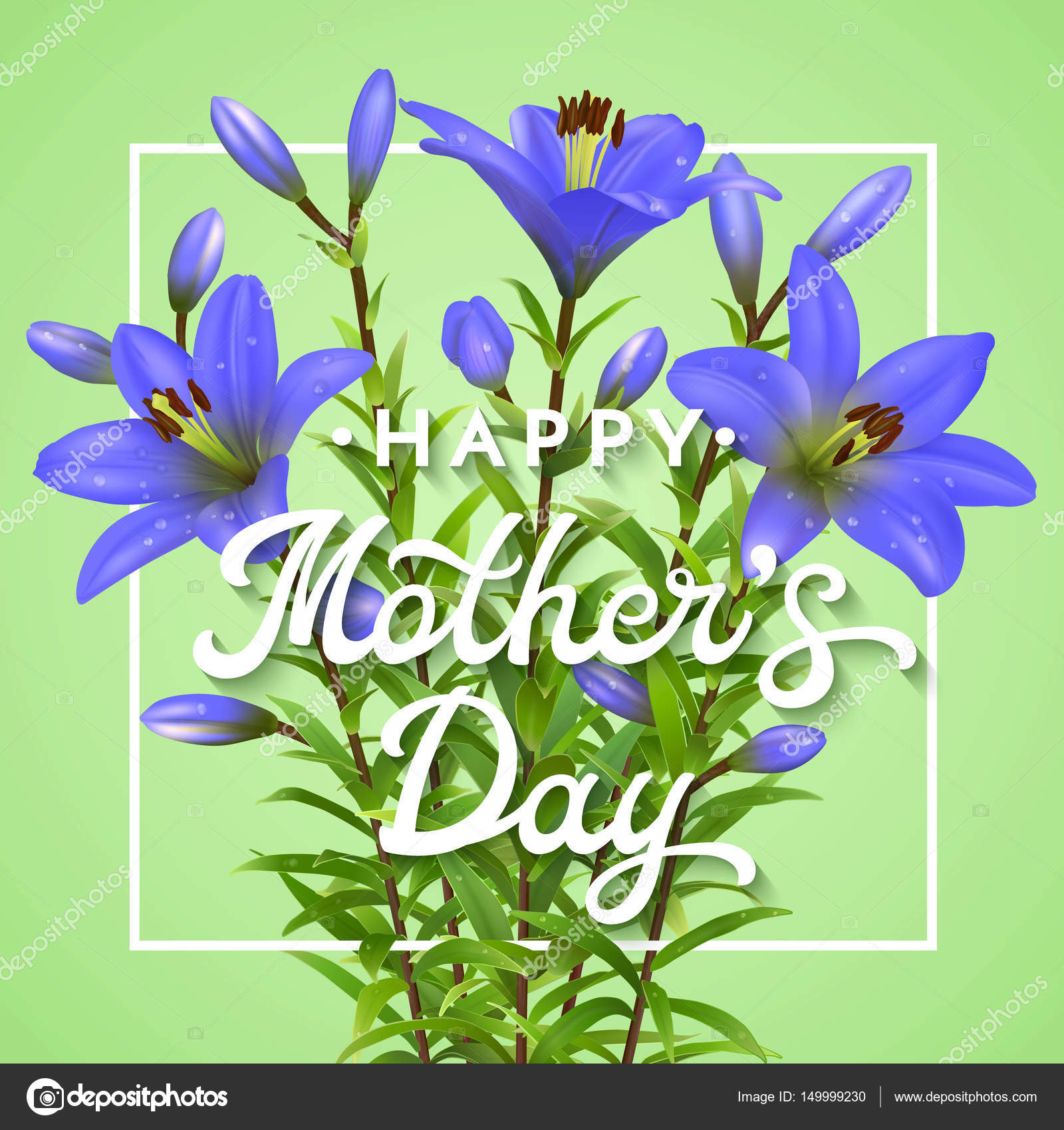 Happy Mothers Day. Greeting card with realistic blue lilies. Mothers