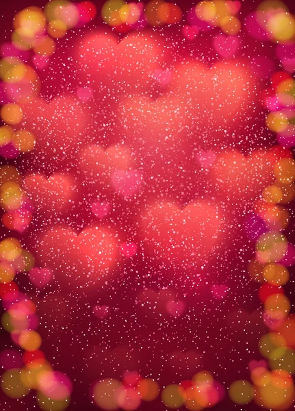 Hjertebaggrund med sky af glødende slørede bløde hjerter, glitter konfetti og farverige bokeh elementer. Pink lys kulisse Valentinsdag, Mors Dag kort design. Farverig vektorillustration . – Stock-vektor