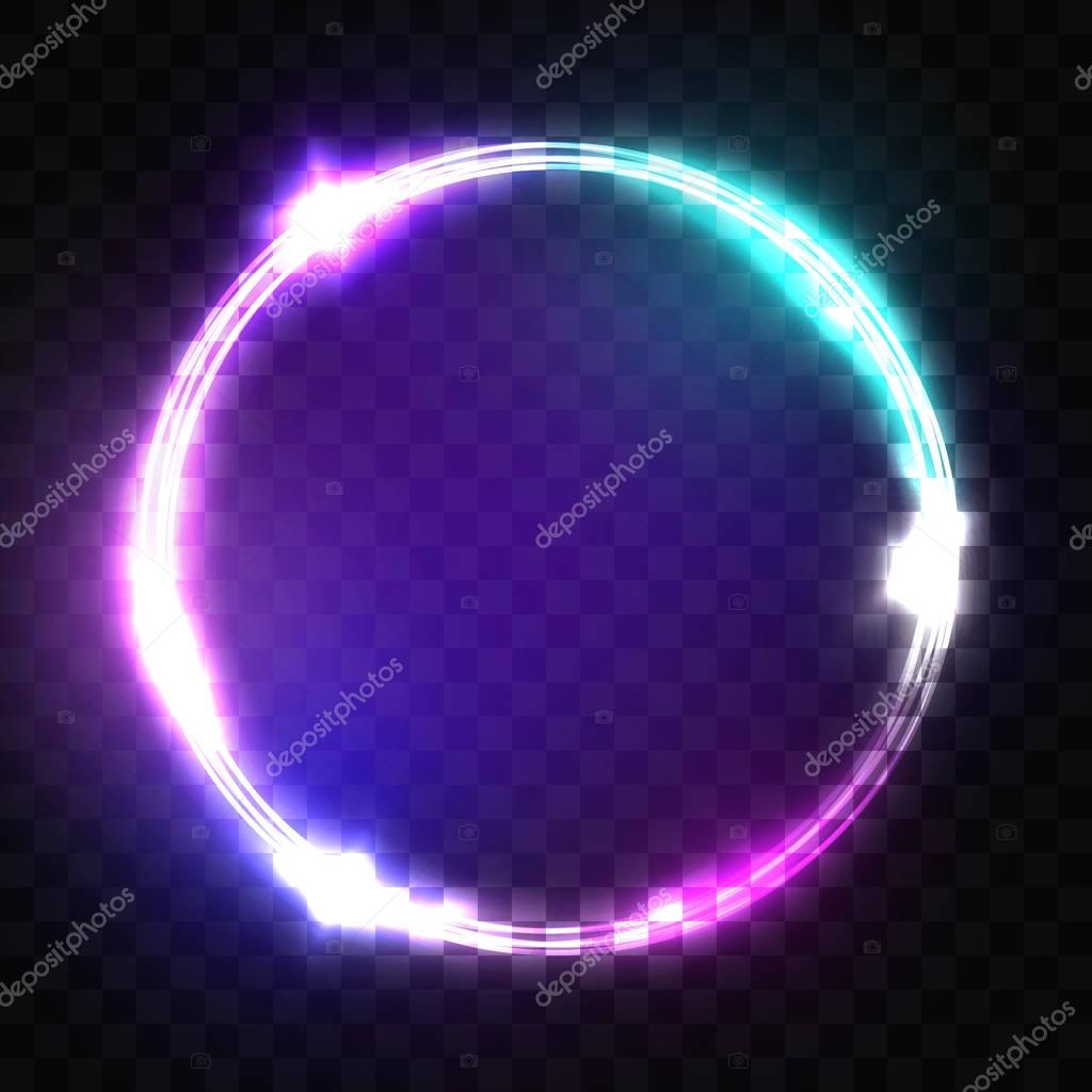 Night Club Neon Sign. Techno Frame with Glowing and Light on Transparent Background. Electric Banner Design on Dark Blue Backdrop. Neon Abstract Circle with Flares and Sparkles. 3d Vector Illustration
