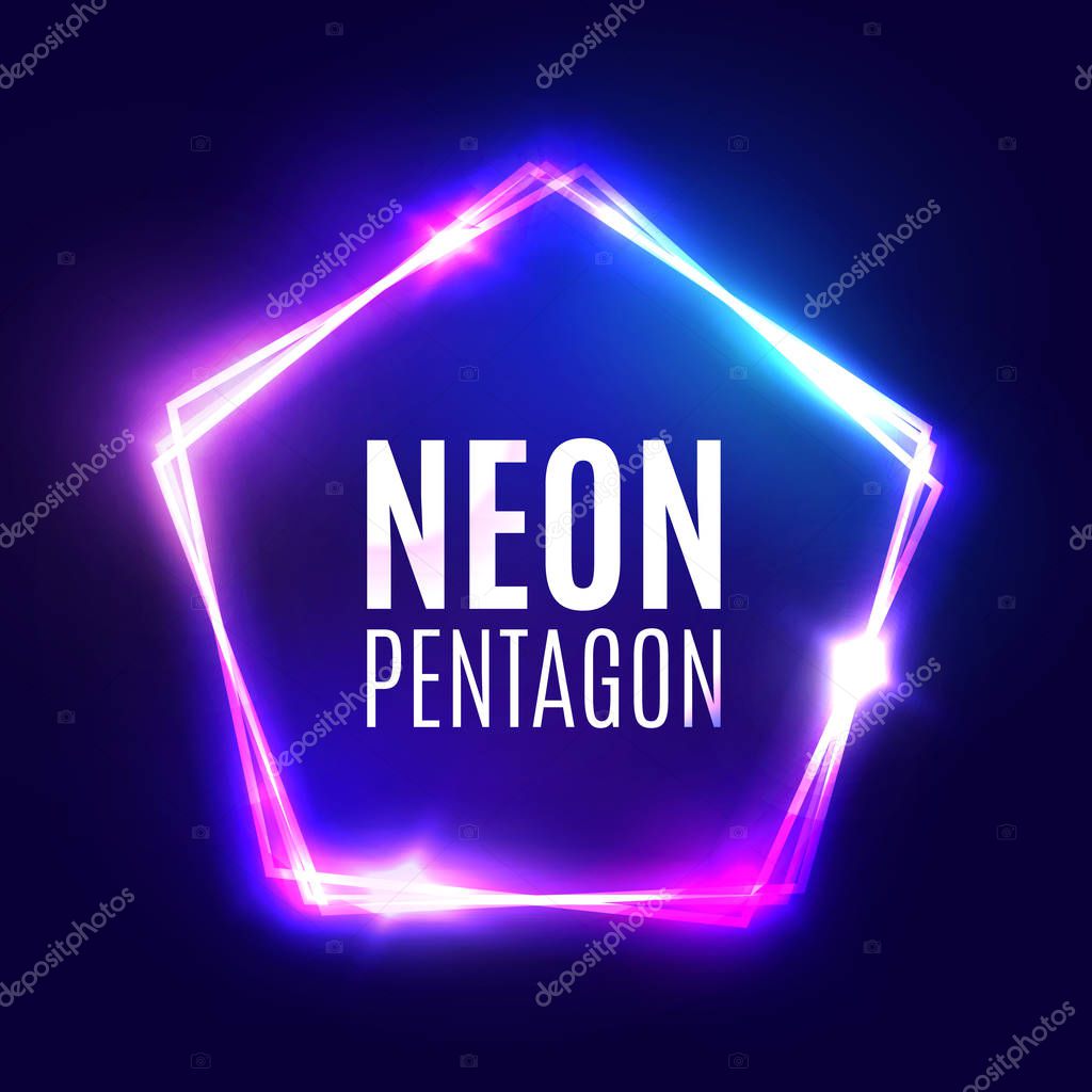 Abstract neon pentagon electric frame. Night Club Sign. 3d Retro Light Signboard With Shining Neon Effect. Techno Frame With Glowing On Dark Blue Backdrop. Colorful Vector Illustration in 80s Style.