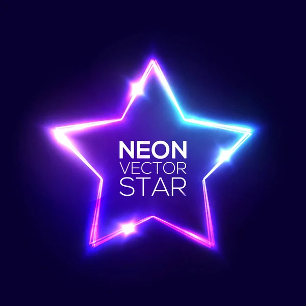 Absztrakt Neon csillag. Elektromos keret. Night Club-jel. 3D retro könnyű csillagos jelzőtábla csillogó Neon hatása. Techno izzó keret a sötét kék hátteret. Színes vektoros illusztráció a 80-as évek stílusát. — Stock Vector