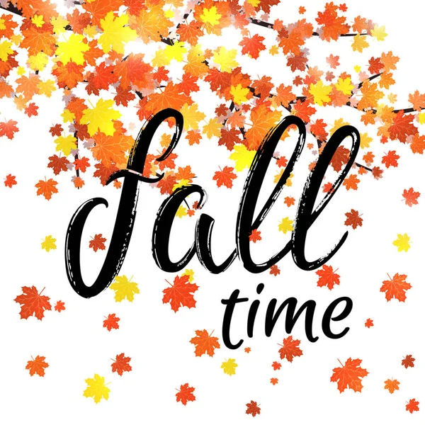 Autumn time lettering banner. Cartaz de queda sazonal com tipografia texturizada desenhada à mão e folhas coloridas sobre fundo branco. Ilustração vetorial colorida . — Vetor de Stock