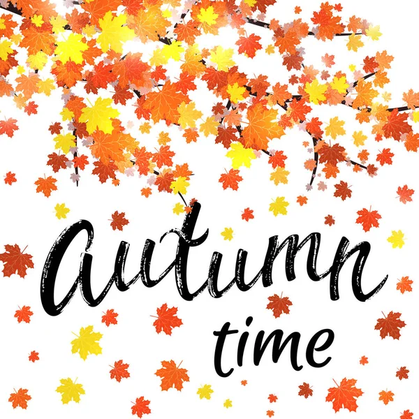 Autumn time lettering banner. Cartaz de queda sazonal com tipografia texturizada desenhada à mão e folhas coloridas sobre fundo branco. Ilustração vetorial colorida . — Vetor de Stock