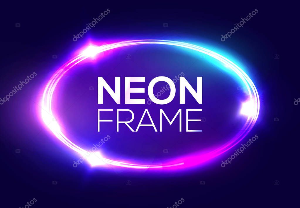 Neon sign. Oval frame with glowing and light. Electric bright 3d elliptical banner design on dark blue backdrop. Neon abstract ellipse background with flares and sparkles. Vintage vector illustration.