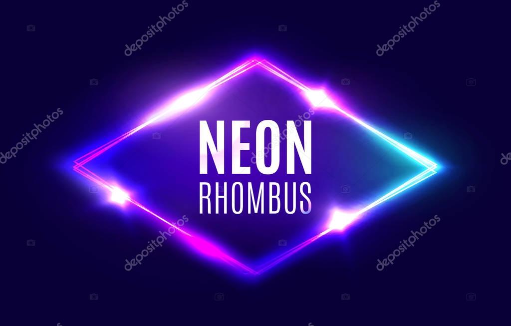 Night Club Neon Rhomb. 3d Retro Light Lozenge Sign With Neon Effect. Techno Rhombus Background. Glowing Brill Frame On Dark Blue Backdrop. Electric Street Diamond. Vector Illustration in 80s Style.
