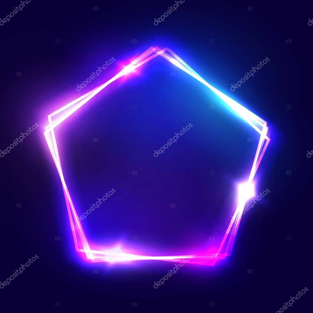 Abstract neon pentagon electric frame. Night Club Sign. 3d Retro Light Signboard With Shining Neon Effect. Techno Frame With Glowing On Dark Blue Backdrop. Colorful Vector Illustration in 80s Style.