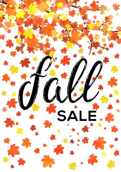 Fall sale. Vertical lettering banner design. Seasonal discount autumn leaf poster with textured hand drawn typography and leaves on white background. Colorful vector illustration. EPS10 — Stock Vector