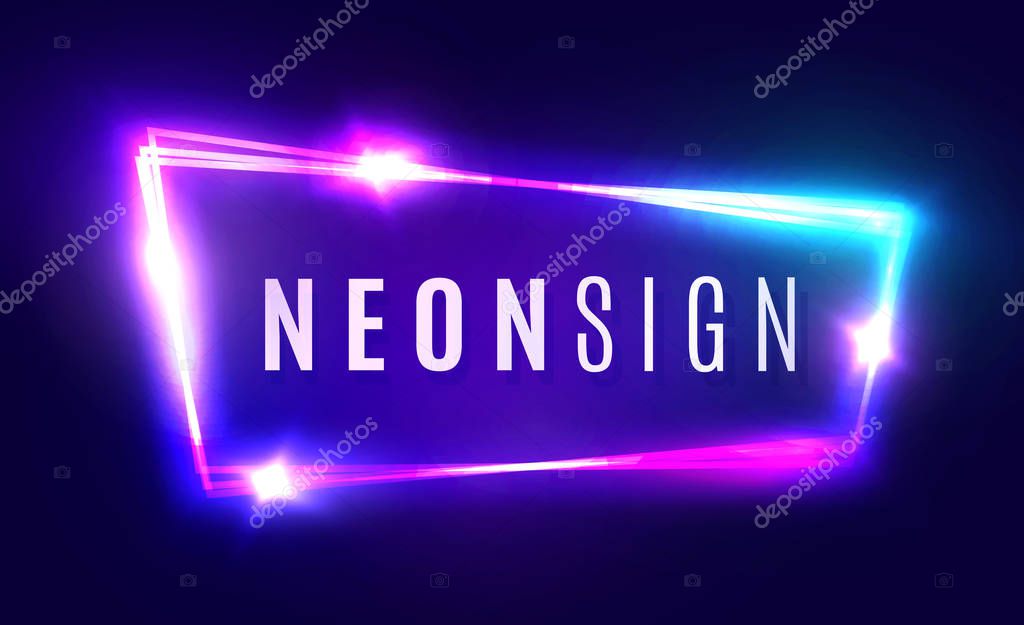 Night Club Neon Sign. Blank 3d Retro Light Signboard With Shining Neon Effect. Techno Frame With Glowing On Dark Blue Backdrop. Electric Street Banner Design. Colorful Vector Illustration in 80s Style