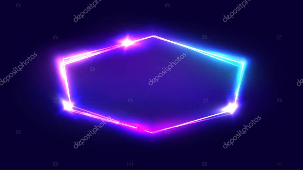 Night Club Neon Sign. Blank 3d Retro Light Signboard With Shining Neon Effect. Techno Frame With Glowing On Dark Blue Backdrop. Electric Street Banner Design. Colorful Vector Illustration in 80s Style