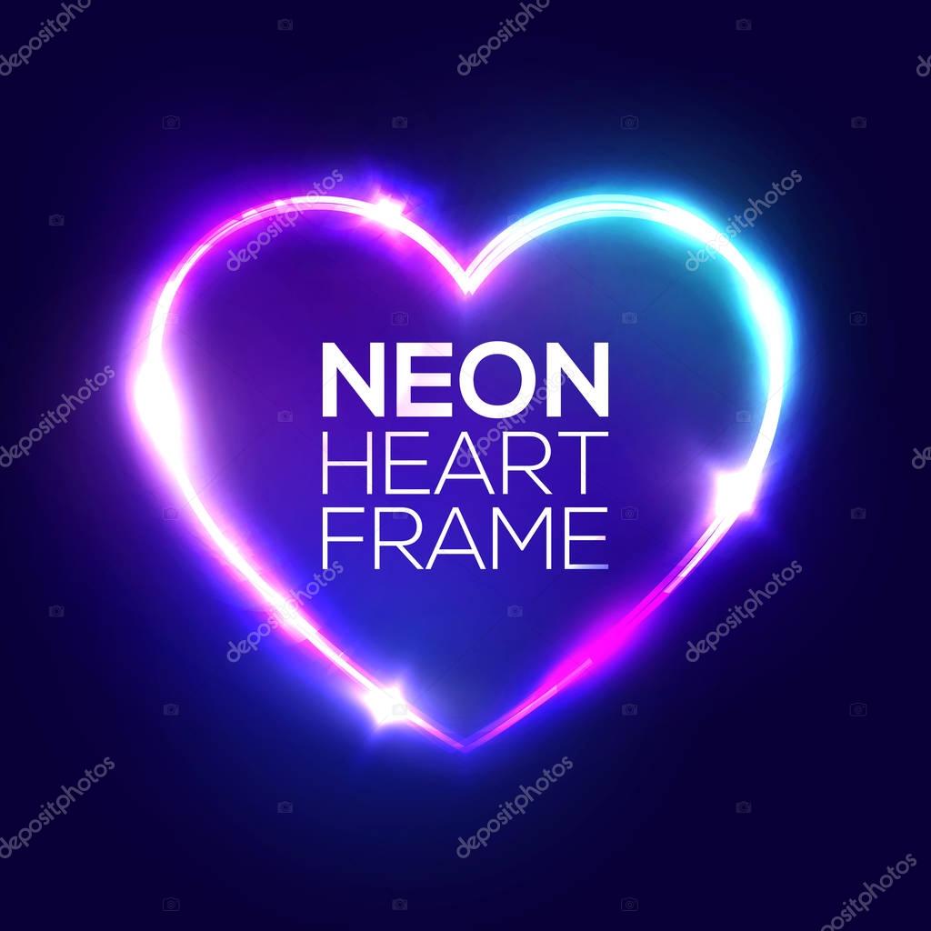 Night Club Neon Heart Sign. 3d Retro Light Signboard With Shining Neon Effect. Techno Frame With Glowing On Dark Blue Backdrop. Electric Street Banner Design. Colorful Vector Illustration in 80s Style