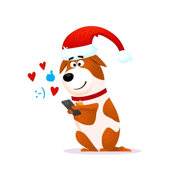 Divertido retrato de perro de dibujos animados con teléfono móvil. Personaje plano en sombrero de Santa Claus para Navidad o Año Nuevo 2018. Cachorro Terrier con dispositivo aislado sobre fondo blanco. Ilustración vector de Navidad . — Vector de stock