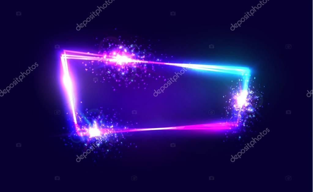 Night Club Neon Sign. Blank 3d Retro Light Signboard with Shining Neon Effect. Electric Street Techno Frame with Explosion, Firework on Dark Blue Backdrop. Colorful Vector Illustration in 80s Style.