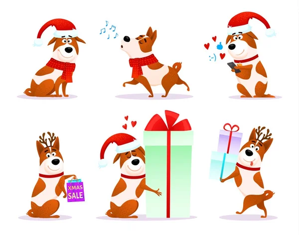Christmas funny cartoon dog emoticons set. Xmas flat puppy emoji collection. Happy terrier wearing deer horns and Santa hat isolated on white background. Christmas or New Year 2018 vector illustration — Stock Vector