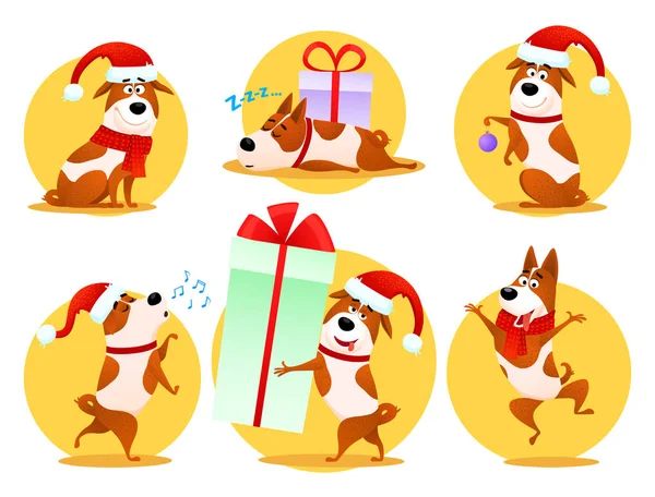 Emoticones del perro de dibujos animados de Navidad. Pegatinas emoji . — Archivo Imágenes Vectoriales