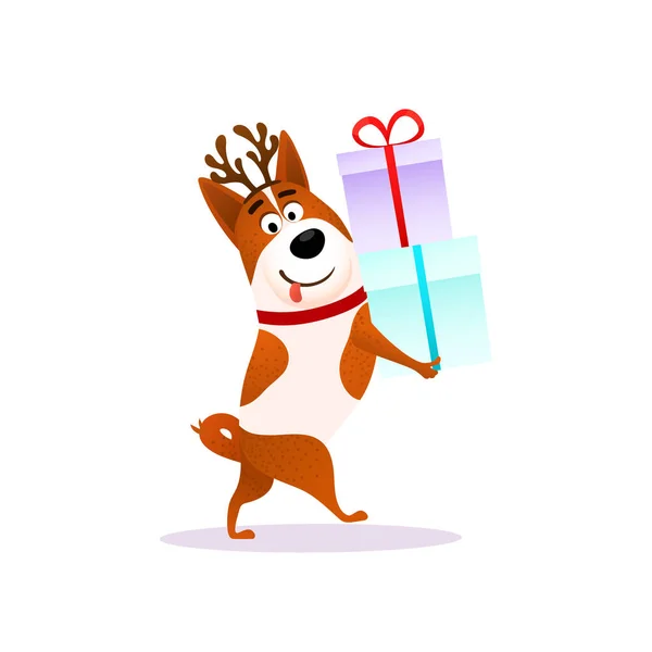 Funny cartoon dog portrait with Xmas gifts. Flat character wearing deer horns for Christmas or New Year 2018. Puppy Terrier with present isolated on white background. Christmas vector illustration. — Stock Vector