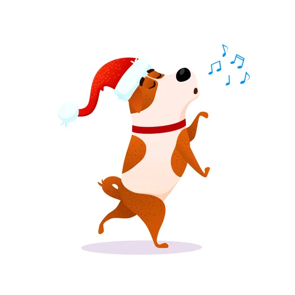 Divertido perro bailarín de dibujos animados canta. Carácter plano de Navidad. Cachorro aislado sobre fondo blanco. Terrier vistiendo el sombrero rojo de Santa Claus baila la ilustración del vector de Navidad para el diseño de Navidad o Año Nuevo 2018 — Archivo Imágenes Vectoriales