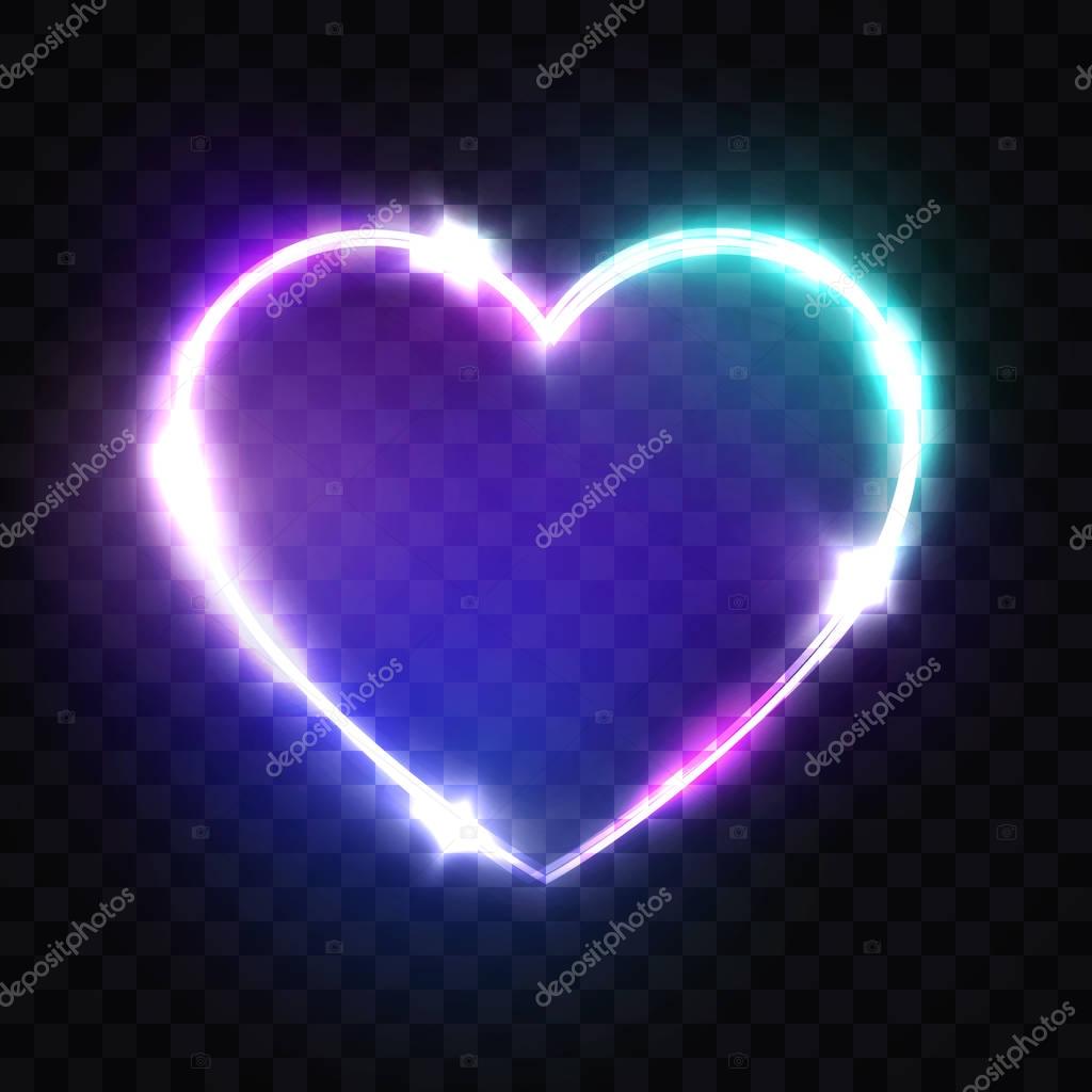 Night Club Neon Heart Sign. 3d Retro Light Signboard With Shining Neon Effect. Techno Frame With Glowing On Transparent Backdrop. Electric Street Banner Design. 80s Style Colorful Vector Illustration