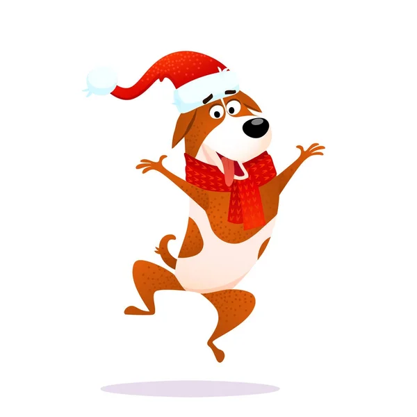 Divertido perro saltador de dibujos animados. Diseño de carácter alegre plano de Navidad. Cachorro aislado sobre fondo blanco. Terrier vistiendo el sombrero rojo de Santa Claus ríe y salta. Navidad o Año Nuevo 2018 vector ilustración . — Archivo Imágenes Vectoriales