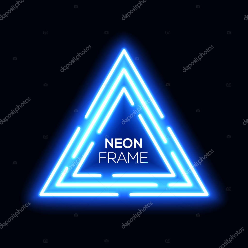 Blue neon light triangles. Shining techno frame. Night club electric bright 3d sign. Banner design on dark blue backdrop. Neon abstract tech background with glow. Technology vector illustration EPS 10