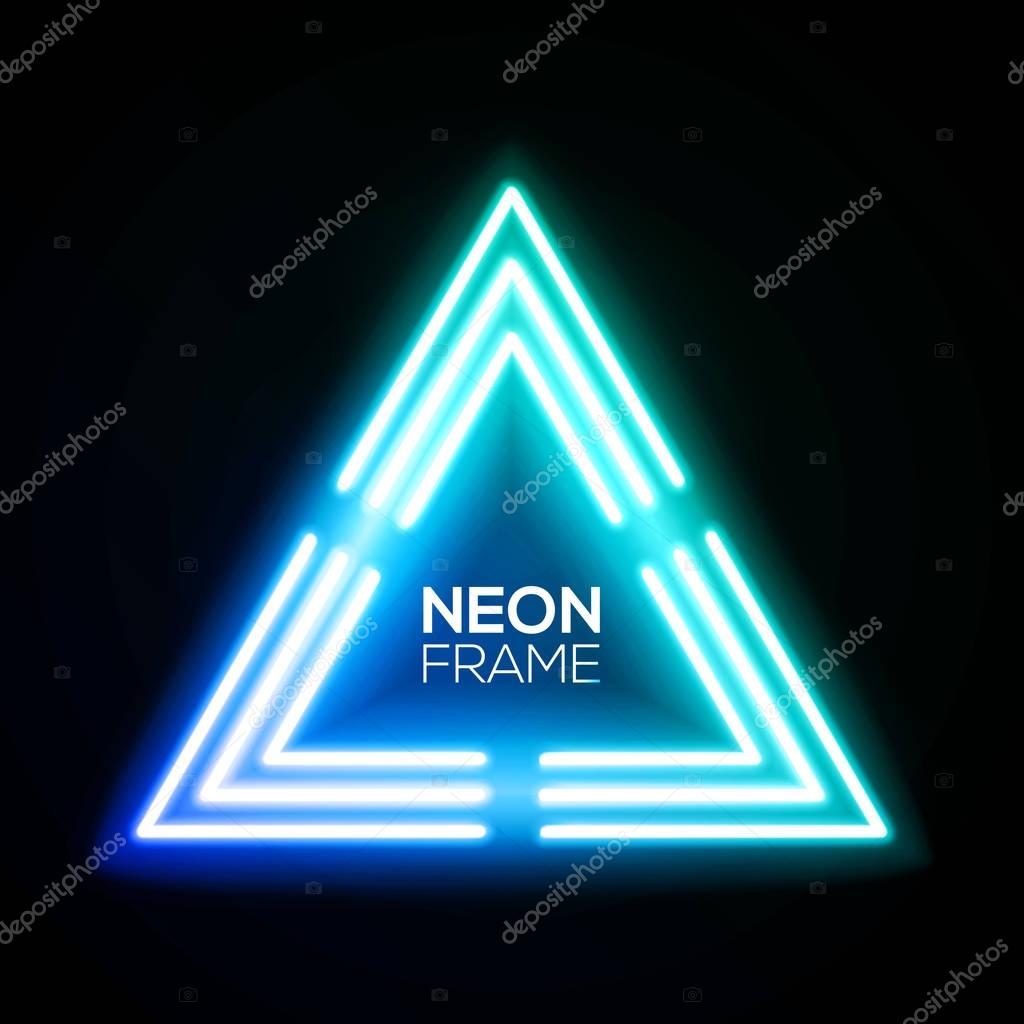 Blue neon light triangle. Gradient delta. Techno frame. Night club electric bright 3d sign. Banner design on dark blue backdrop. Neon abstract tech background with glow. Technology vector illustration