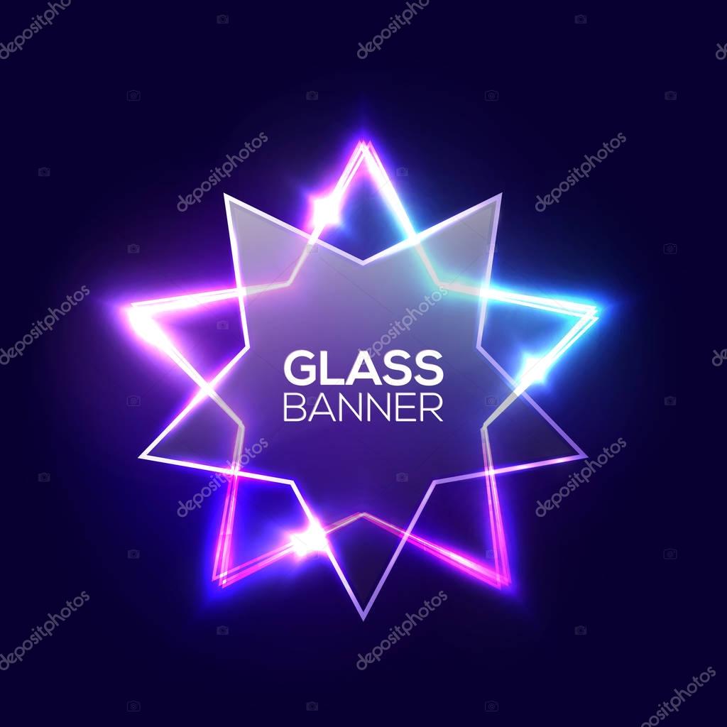 Abstract neon star with textured transparent glass plate. Techno glowing night club electric frame on dark blue backdrop. 3d retro light starry sign with neon effect. 80s style vector illustration.