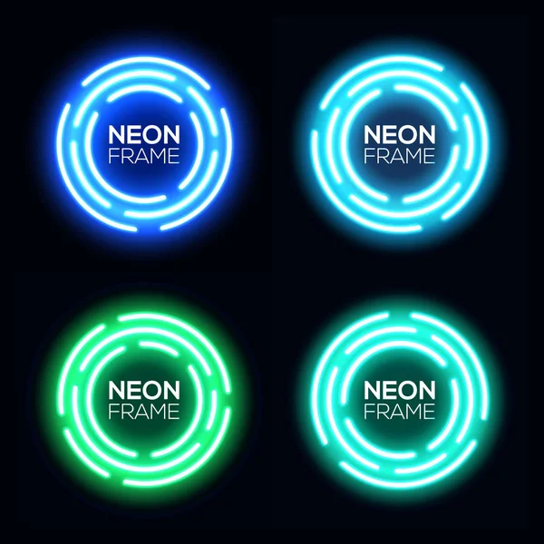 Neon light circles set. Shining round techno frames collection. Night club electric 3d banners on dark backdrop. Blue and green neon abstract background with glow. Technology vector illustration.